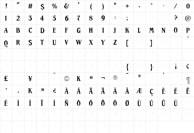 SycamoreLight Roman  glyph index