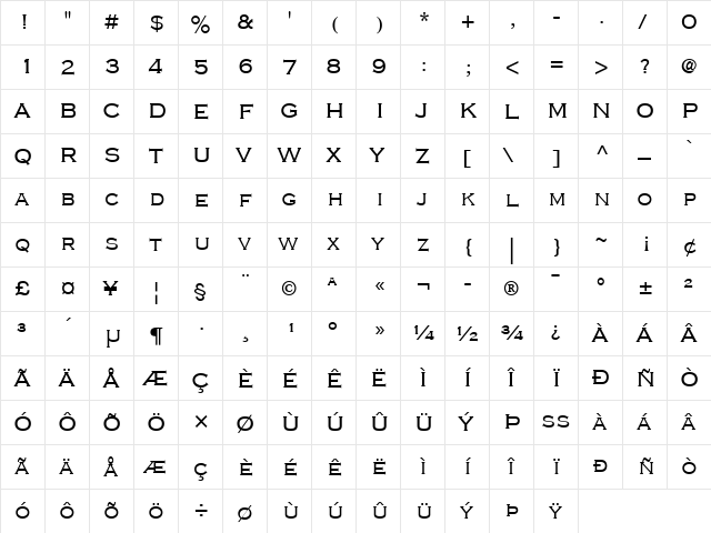 Copperplate LT 32bc Regular  glyph index