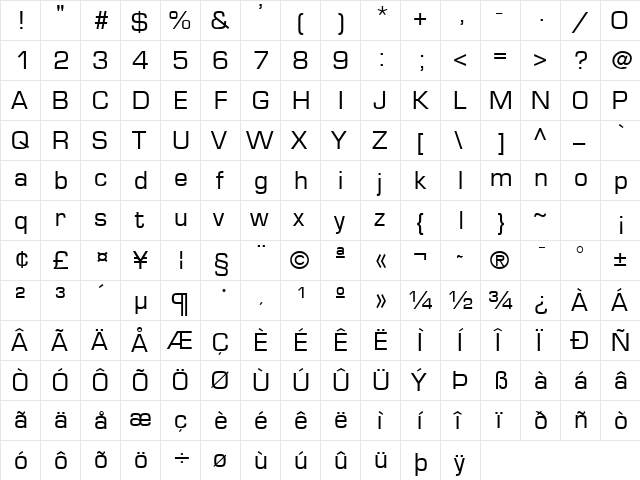 Eurasia Wide Normal  glyph index