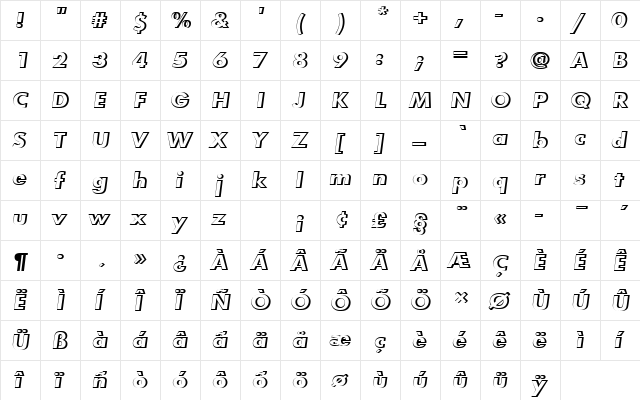FuturaTBolOblRe1 Regular  glyph index