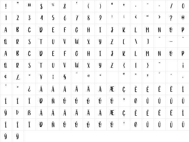 Breadlovers Regular  glyph index