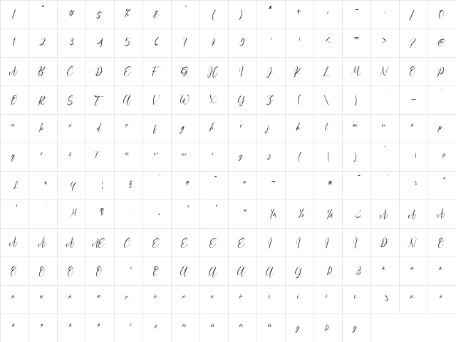 CharlotteBella Regular  glyph index