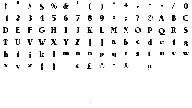 BlendenDisplaySSK Regular  glyph index