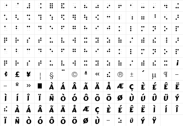 blistabraille6+ Regular  glyph index