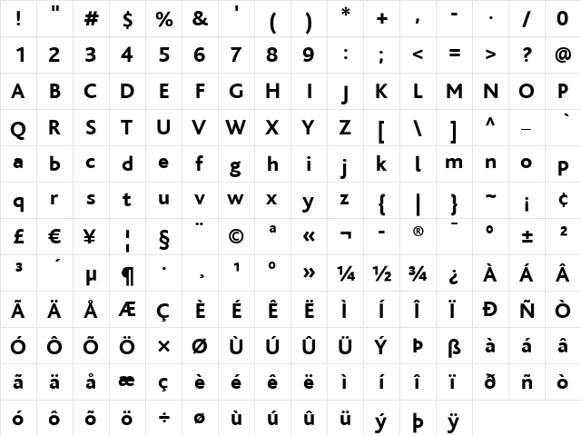 Bliss Regular  glyph index