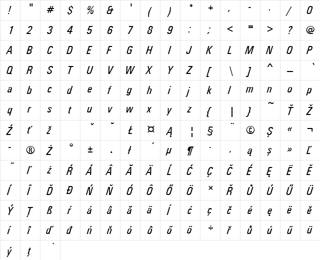 UnitusTEECon Italic  glyph index