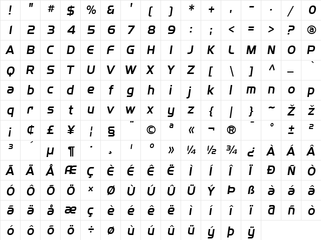 SF Fourche Italic  glyph index