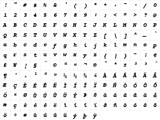 Courier Prime Bold Italic  glyph index