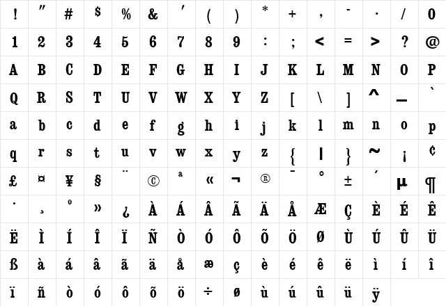 ConsortBoldCondensed Bold  glyph index