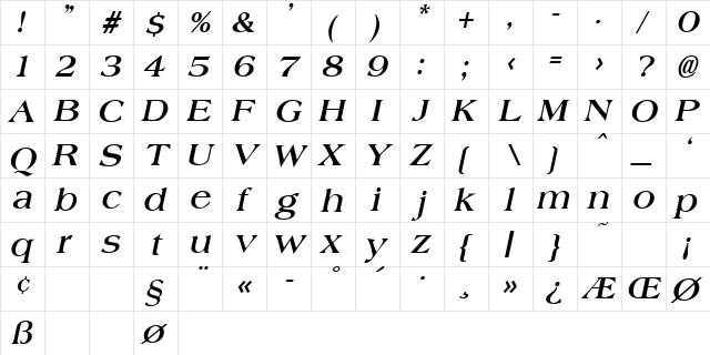 Jade BoldItalic  glyph index