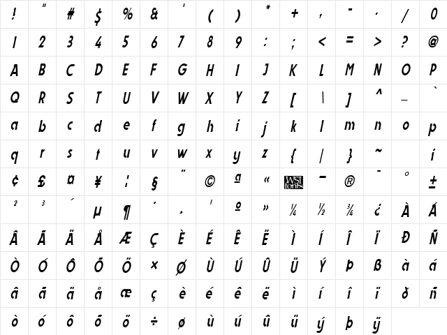 DynastyCondensed Italic  glyph index