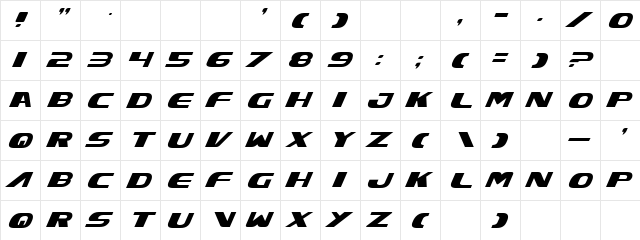 Excelsior Italic Italic  glyph index