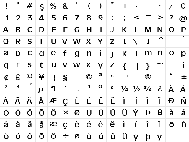Antiqua 101 Wide Normal  glyph index