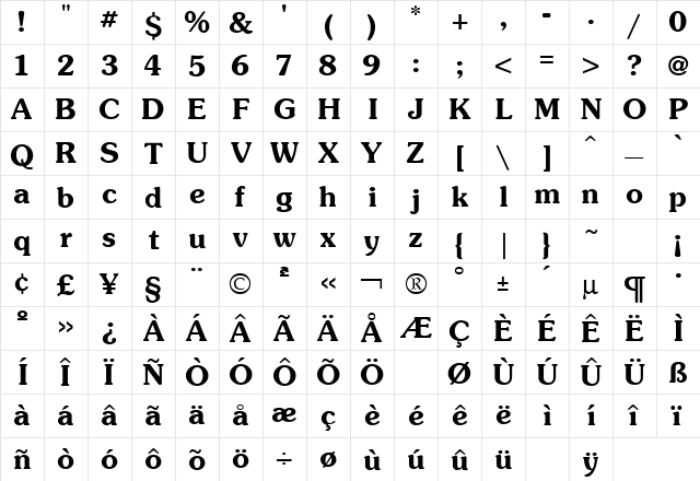 Souvenir Regular  glyph index