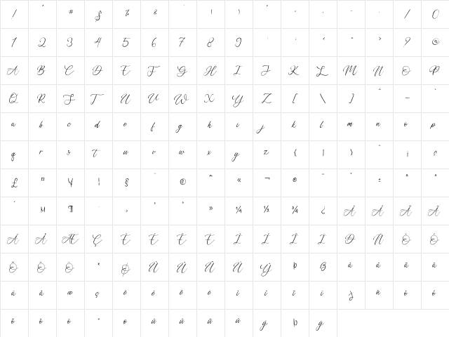 Bobbi Jeffina Regular  glyph index