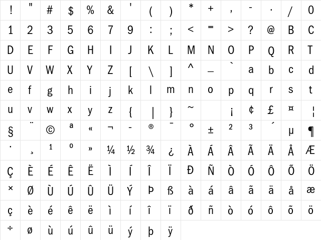 ITC Franklin Gothic Std Book Condensed  glyph index