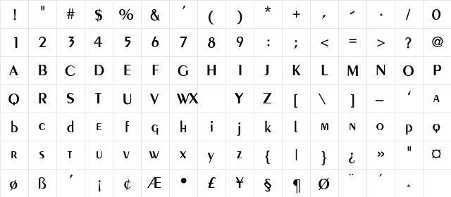 Crossley-Thin Regular  glyph index