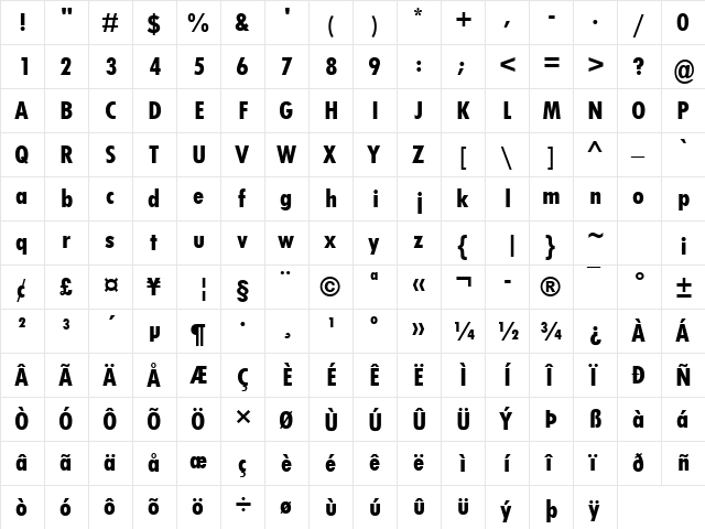 Tw Cen MT Condensed Extra Bold Regular  glyph index