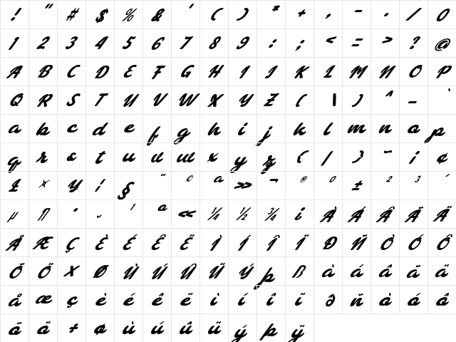 bellagia Regular  glyph index