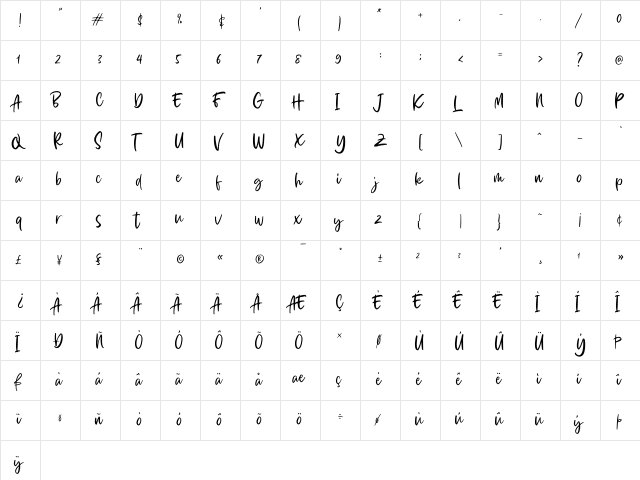 Bella Millies Personal Use Regular  glyph index