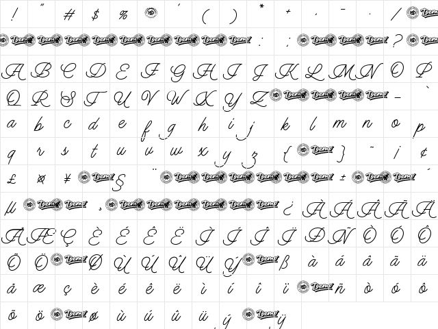Harvey Script Regular  glyph index