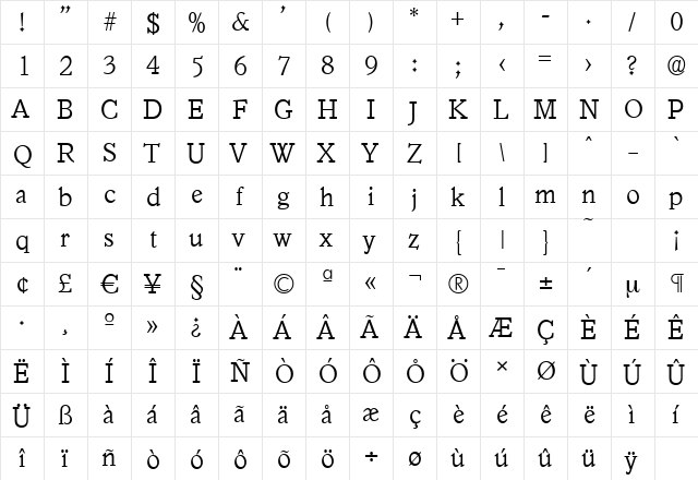 GranadaSerial-Xlight Regular  glyph index