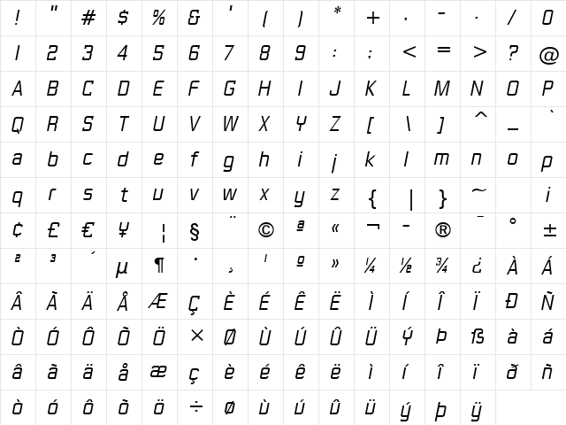 Gasoline Sans BTN Lt Oblique  glyph index
