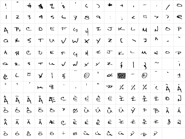 KeithsHand Regular  glyph index