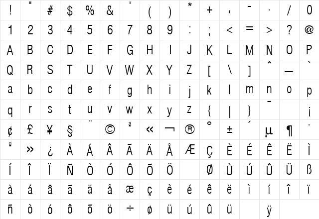 Hallmarke Condensed Light Regular  glyph index