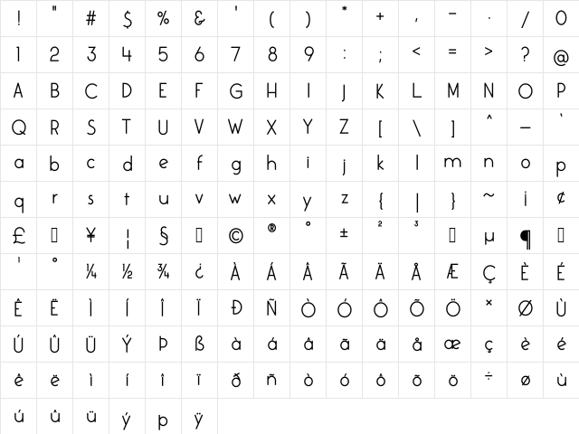 Colombia Bold  glyph index