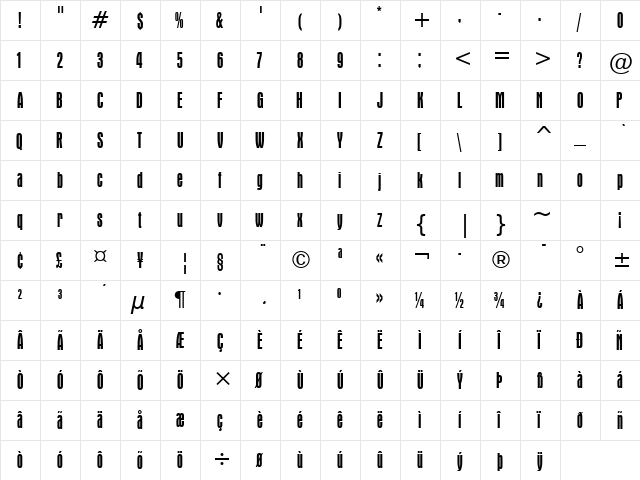 Aurora Cn BT Regular  glyph index