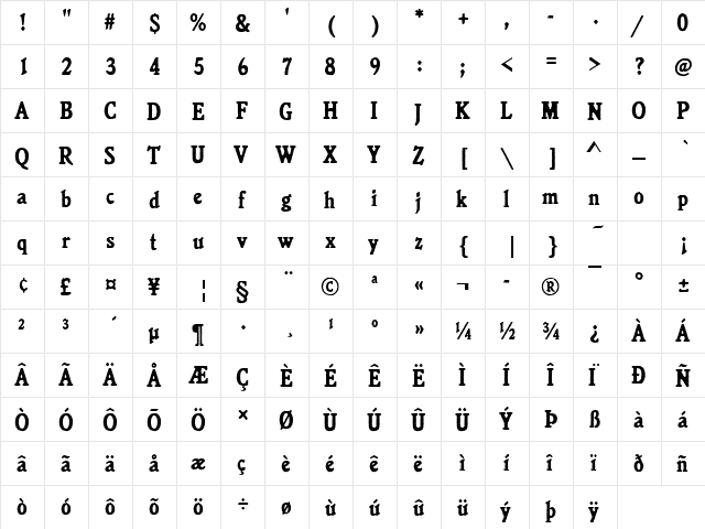 Jenson Becker Bold Cond Regular  glyph index