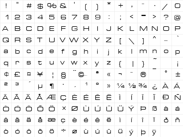 Eurostar Regular Extended Regular  glyph index