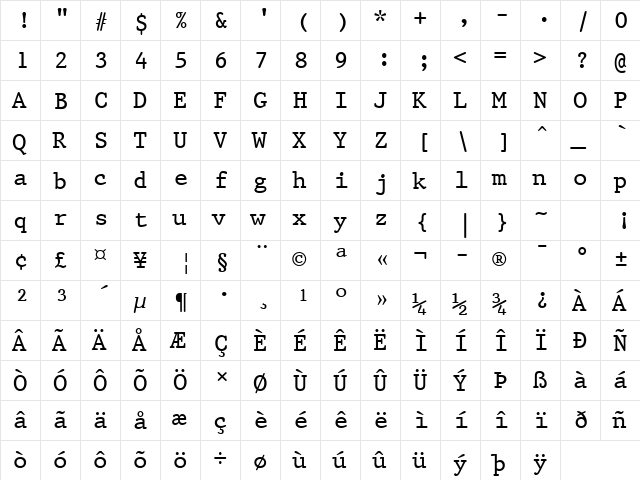 Prestige12 BT Roman  glyph index