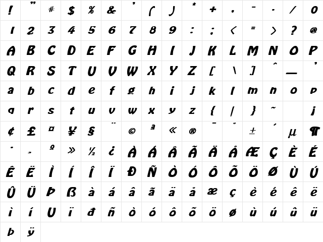 LaCosta-BoldIta Normal  glyph index