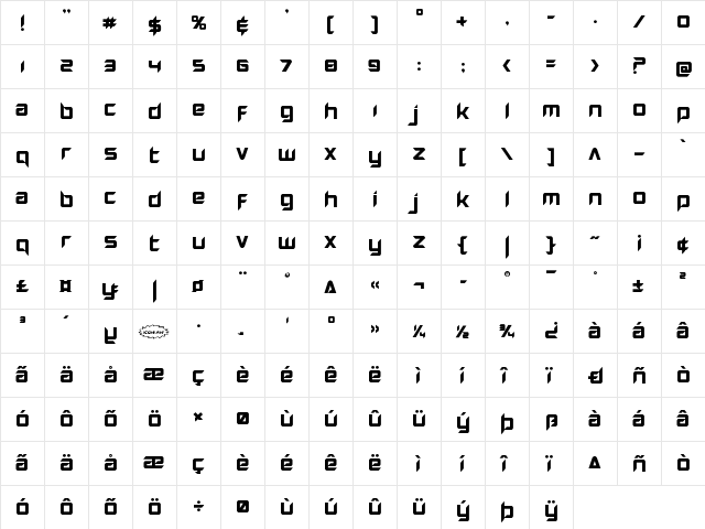 Hollow Point Regular  glyph index