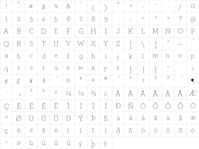 Archer Extra Light  glyph index