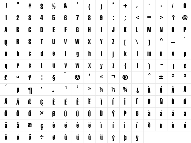 Helvetica Extra Compressed  glyph index