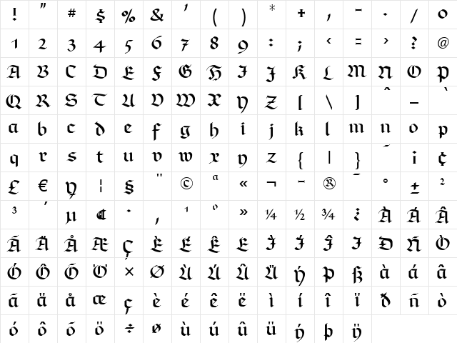 RichmondFraktur LT Regular  glyph index