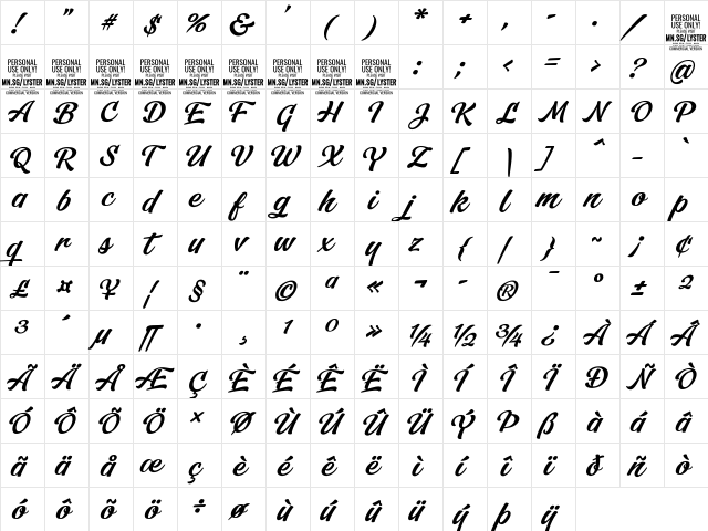 Lyster PERSONAL USE ONLY Regular  glyph index