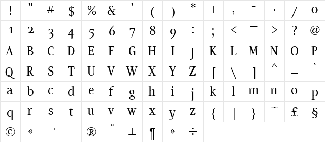 Artemius SN TT Regular  glyph index