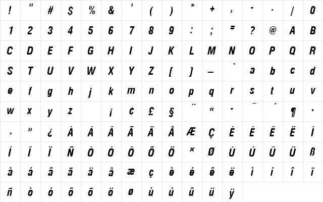 NimbusSanDBolConItaRo1 Regular  glyph index