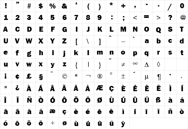 FranklinGothicNewHeavy Regular  glyph index