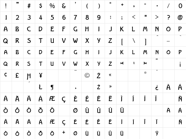 Spartana Regular  glyph index