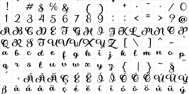 Lovely Script Regular  glyph index