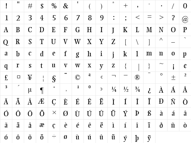 EllingtonMT Roman  glyph index