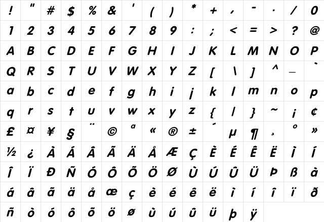 VAGRounded-Bold Italic Regular  glyph index