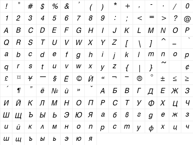 Hebar Italic  glyph index