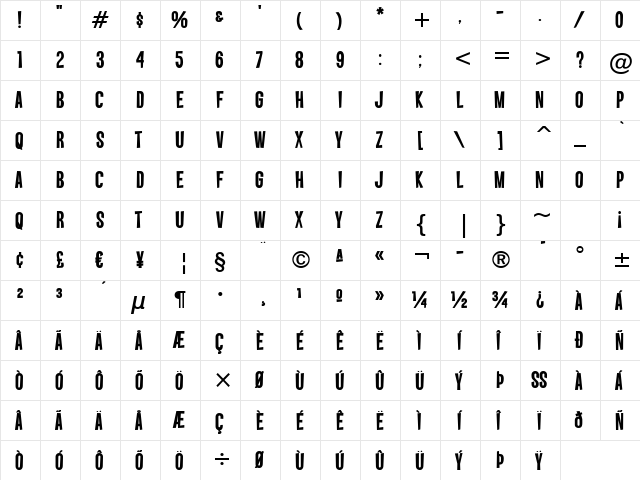 Vanishing Boy BTN Bold  glyph index