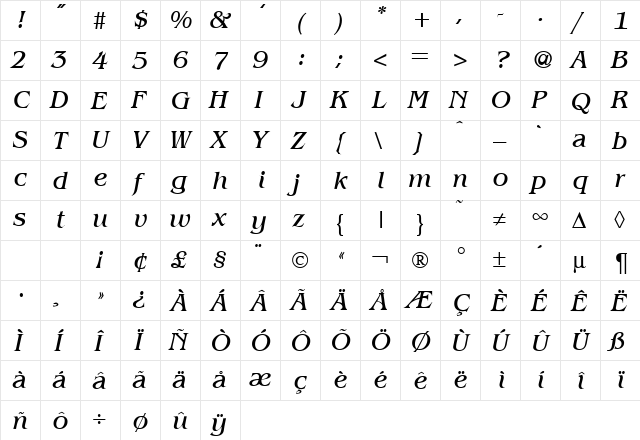 BenjaminSerif RegularItalic  glyph index